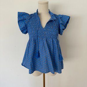 COPY - Sea New York Flutter Sleeve Smocked Blue Pascala Print Top Women's Size …